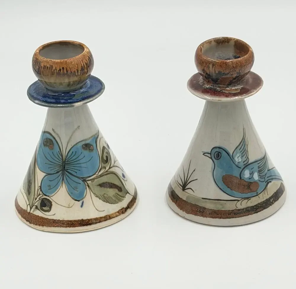 Folk-Art Ken Edwards Palomar Tonala Pottery Hand Painted 2pc Set Candle Holders